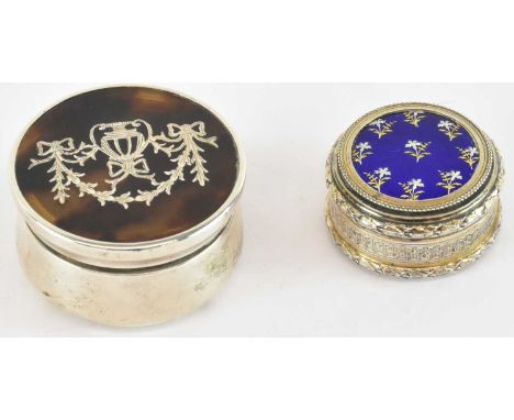 A white metal pill box with blue enamelled top, diameter 23cm, and an Edward VII hallmarked silver and tortoiseshell topped s