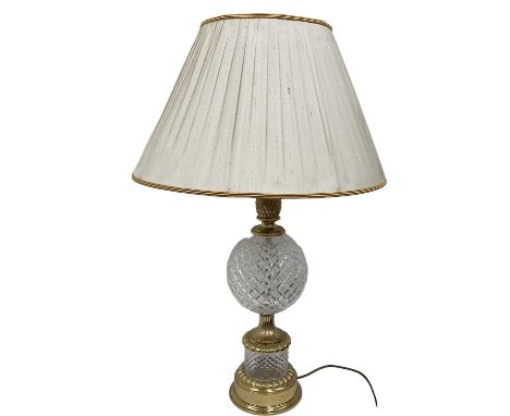 A good quality reproduction crystal glass and gilt metal mounted table lamp, with white shade, height to top of fitment 58cm.