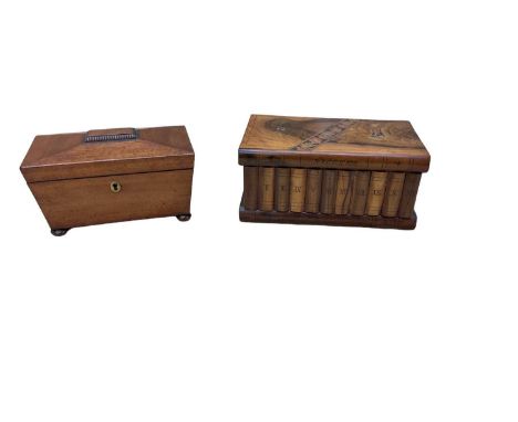 An Italian Sorrento ware walnut puzzle box, 23.5 x 13cm, and a 19th century mahogany sarcophagus shaped tea caddy, 20 x 11cm 