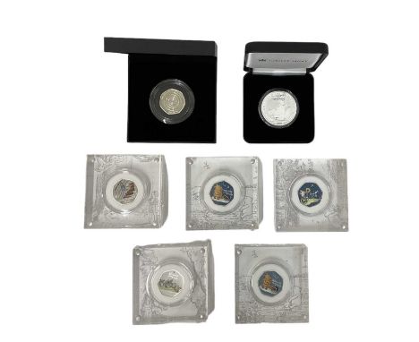 THE ROYAL MINT; six cased silver proof fifty pence coins including Christopher Robin, Winnie-the-Pooh, Piglet, John Logie Bai