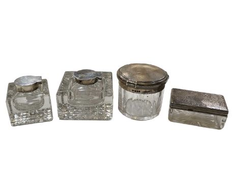 T H HAZLEWOOD &amp; CO; a George V hallmarked silver topped cut glass inkwell, Birmingham 1913, 8.5 x 8.5cm, a smaller hallma