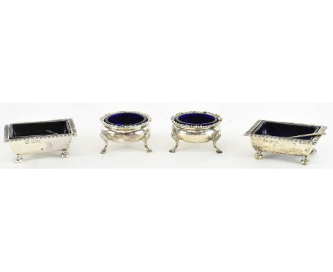 FRAZER &amp; HAWS; a pair of George V hallmarked silver square open salts with blue glass liners, London 1913, 7.5 x 6cm, a p