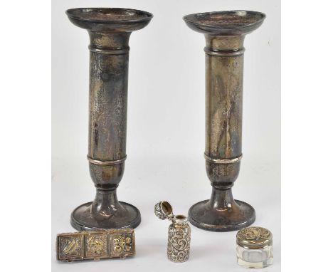 FRED H ADAMS &amp; CO; a pair of George V hallmarked silver trumpet vases, (loaded), Birmingham 1924, height 19cm, a hallmark