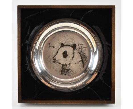 JOHN PINCHES; a 925 sterling silver bowl, decorated with a panda, the design by Bernard Buffet, diameter 20cm, on an easel fr