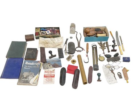 A quantity of collectors' items including automotive manuals, 'Proverbs' book, jam thermometer, watches, watch parts, costume