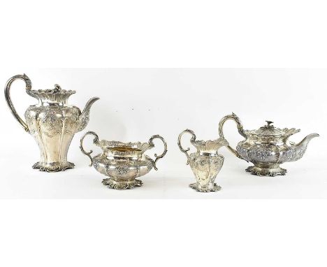 X BENJAMIN SMITH III; a William IV hallmarked silver four piece tea and coffee service comprising teapot, coffee pot, milk ju