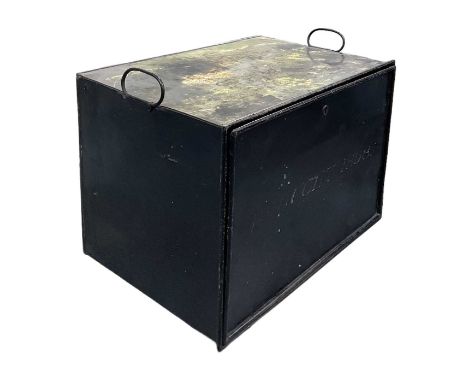 A 19th century black painted tin twin handled carrying trunk with fall front, painted to the front 'Drought, 1898', height 35