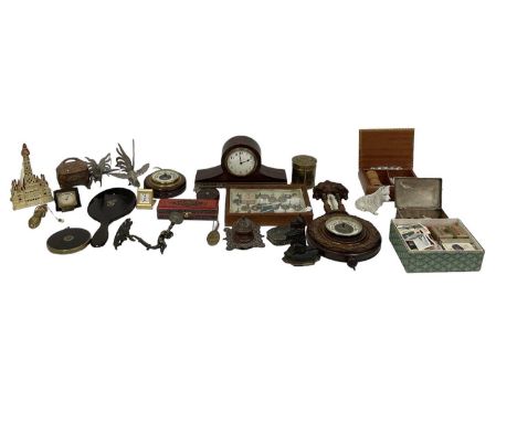 A group of collectors' items including an early 20th century mahogany mantel clock, height 15cm, an early 20th century carved