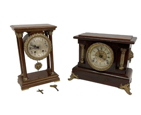 SETH THOMAS; a modern American mahogany and gilt metal mounted mantel clock, the white painted dial set with Roman numerals, 