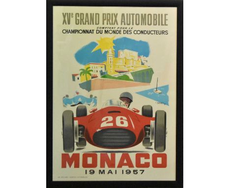 AUTOMOBILIA; a motorsports interest Monaco 1957 Grand Prix lithograph poster, 99 x 67cm, framed and glazed.