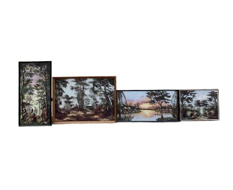 † K PAUL; oil on board, rural scene depicting figures and boats on a river, signed lower right, 39 x 81cm, framed, another K 