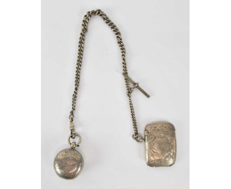 An Edward VII hallmarked silver vesta case, Birmingham 1909, suspended on hallmarked silver Albert chain and hallmarked silve