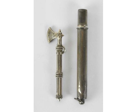 SAMPSON MORDAN &amp; CO; a white metal propelling pencil modelled as an axe, height 5.5cm, and a further George V hallmarked 
