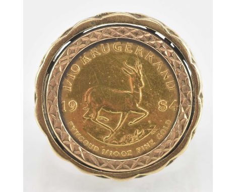 A 1984 One tenth Krugerrand, in yellow metal ring mount, size K, approx 8.3g.