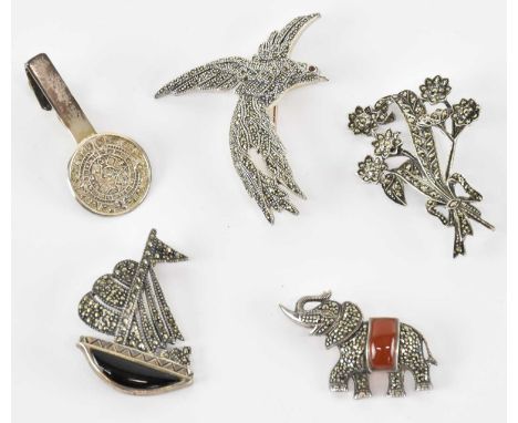 Four 925 hallmarked silver and marcasite brooches, one modelled as an elephant, length 3.4cm, one modelled as a swooping bird