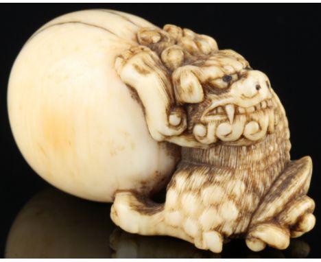 Japan Mitte 19. Jahrhundert, Elfenbein Netsuke Shishi mit Kugel, signiert, Edo-Zeit,Japan Edo-Zeit 1603 bis 1868, Elfenbein, 