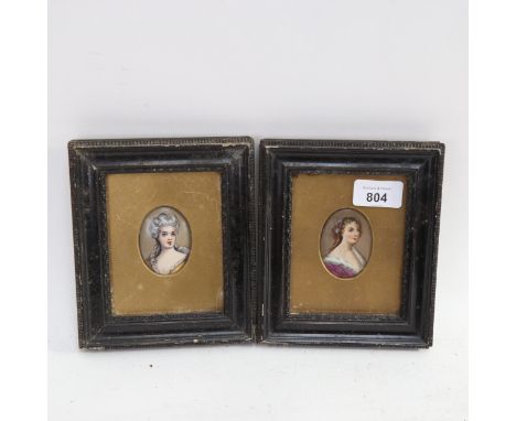A pair of miniature portrait paintings on porcelain panels, framed, height 16cm overall 