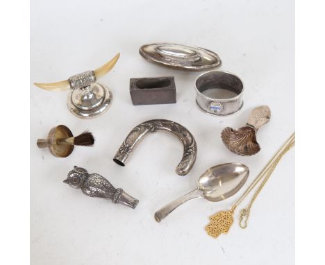 Various silver and plate, including French silver parasol handle, silver matchbox case, 2 Georgian silver caddy spoons etc 