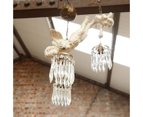 2 modern painted and gilded plaster cherub ceiling light fittings, with glass drops, largest height approx 50cm 