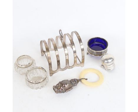 Various silver, including policeman baby's rattle, spirit flask cap, 5-bar toast rack, 4oz weighable 