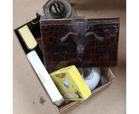 A brass oil lamp, crocodile handbag, Vintage games etc (boxful) 