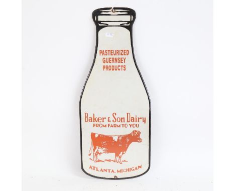 A Vintage American red and white enamel milk bottle advertising sign, for Baker &amp; Son Dairy of Atlanta Michigan, 56cm x 2