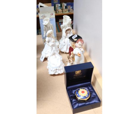 A pair of Belleek spill vase figures, Royal Worcester figures, and Millennium pillbox etc 