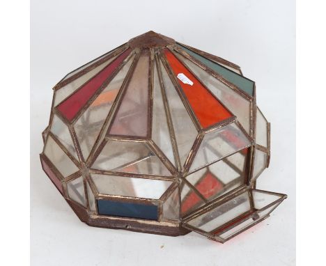 A Vintage tin-framed clear and coloured glass ceiling light shade, diameter approx 40cm 