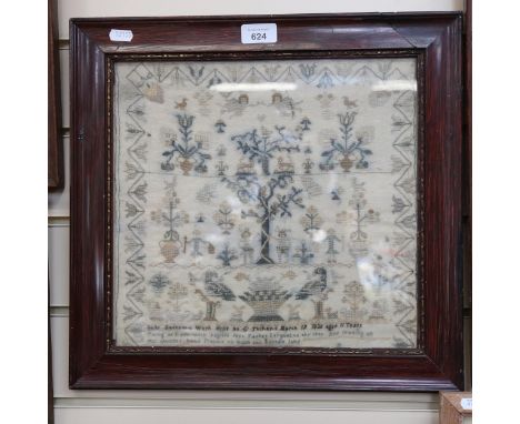 A 19th century Adam and Eve sampler, by Sally Mathews, 1835, framed, height 40cm overall 