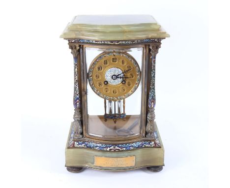 An early 20th century French green onyx and champleve enamel 8-day mantel clock, brass dial with Arabic numerals, blued steel