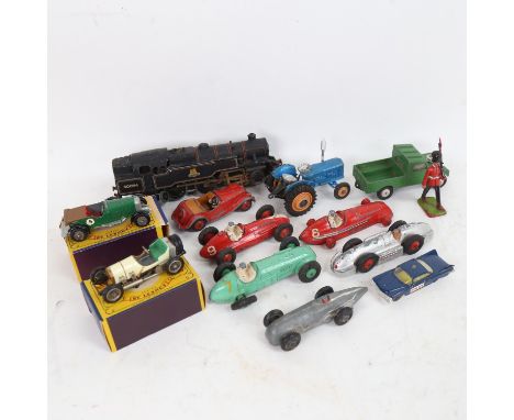 Various Vintage diecast toy cars and vehicles, including Dinky Meccano racing cars, Hornby Dublo locomotive etc (boxful) 