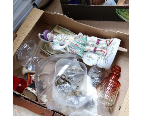A scent flask, a vase, a Carlton Ware butter dish, watch spares, a Continental figure etc 
