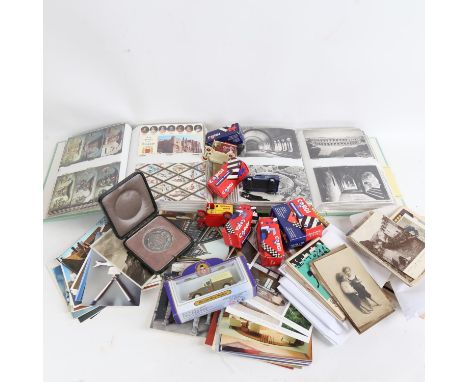 Various Vintage loose postcards and albums, boxed diecast Corgi cars etc (2 boxes) 