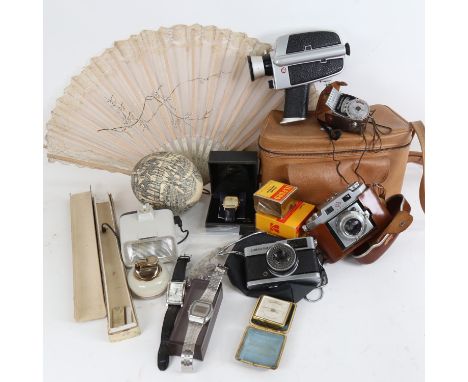 Various collectables, including Coronation carriage, ostrich egg, Vintage cameras, watches etc (boxful) 