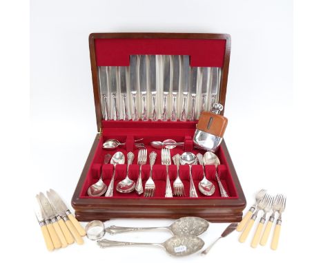 A canteen of Walker &amp; Hall Sheffield plate cutlery for 6 people, a silver plated and leather-mounted hip flask, fish cutl