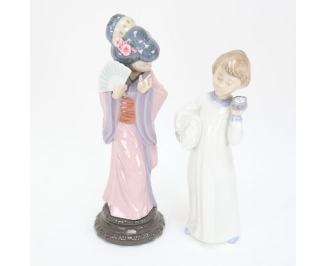 A Lladro Geisha girl, 29cm, and a NAO boy with alarm clock 