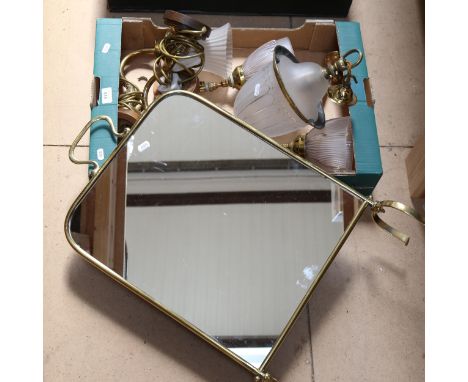 A mirrored brass-framed fire screen, wall lights, a pendant light etc 