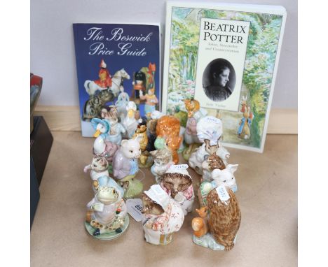 A group of Vintage Beswick Beatrix Potter figures, including Mrs Tiggy-Winkle, Sally Henny Penny, and Miss Moppet, and 2 book