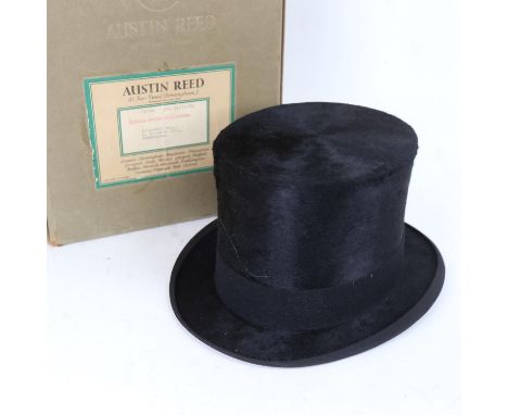 A Vintage black top hat by Austin Reed Ltd, in original cardboard case, size 7 