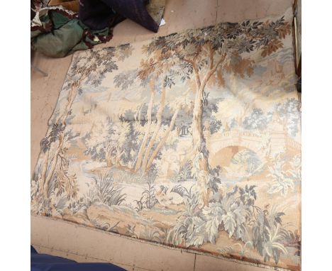 A Continental machined tapestry, depicting building amongst trees, 140cm x 190cm 
