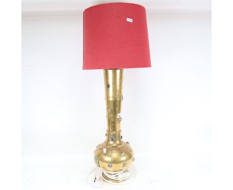 An Eastern brass narrow-neck vase table lamp, applied hardstone and Hindu deity decoration, overall height 77cm 