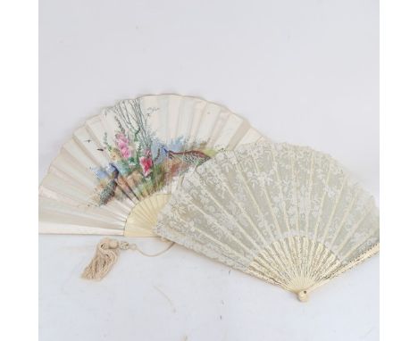 Two vintage breeze fans with lace and silk panels 