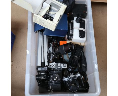 Various Vintage cameras and accessories, including Zenit 12XP, Zenit-E, Praktica, tripod etc (boxful) 