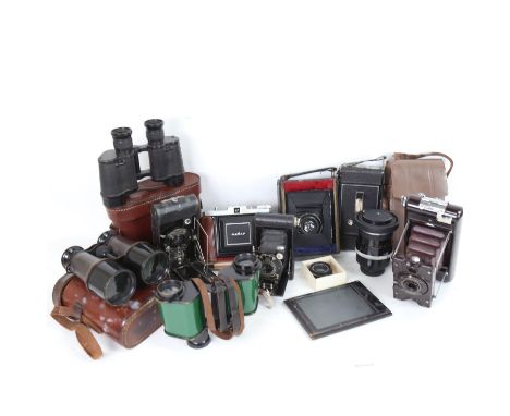 Various Vintage cameras and binoculars, including Kershaw Mark II binoculars, Ensign camera etc (boxful) 