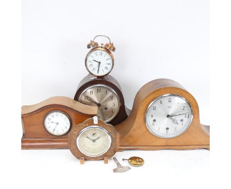 A Smiths oak-cased Napoleon hat mantel clock, with 3-train movement, height 23cm, 2 other mantel clocks, and 2 Vintage alarm 