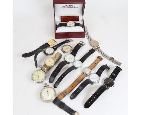 Various wristwatches and pocket watches, including Cyma, Timex, boxed Rotary etc (boxful) 