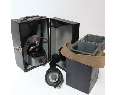 A cased Britex student's microscope with accessories, height 30cm, and a wooden-cased gimballed compass 