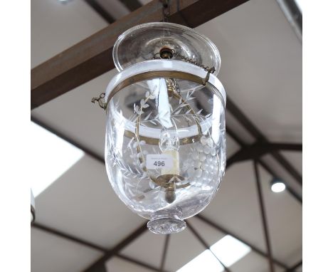 A hanging glass light fitting, with engraved grapevine decoration, diameter 17cm 