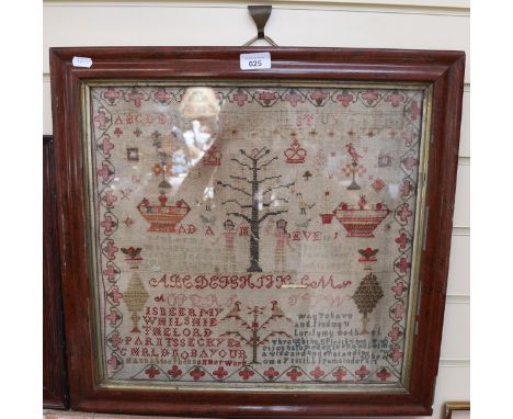 A 19th century sampler, depicting Adam and Eve, by Annabelle Phells, framed, height 50cm overall 