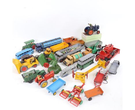 Various Vintage Britains and Dinky diecast toy farmyard vehicles, military vehicles etc (boxful) 